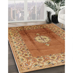 Mid-Century Modern Mahogany Brown Oriental Rug in Family Room, urb531