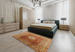 Mid-Century Modern Mahogany Brown Oriental Rug in a Bedroom, urb531