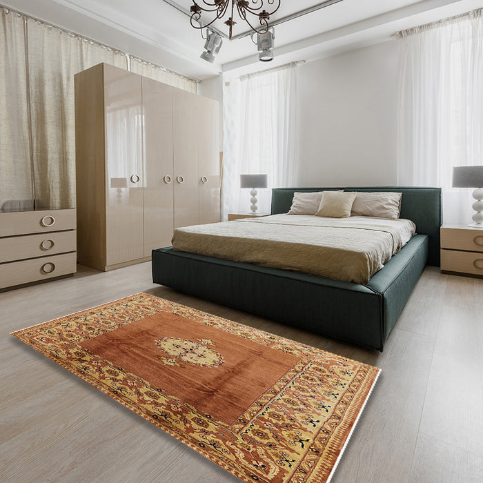 Mid-Century Modern Mahogany Brown Oriental Rug in a Bedroom, urb531