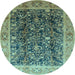 Round Machine Washable Oriental Light Blue Traditional Rug, wshurb532lblu