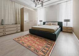 Mid-Century Modern Brown Sand Brown Oriental Rug in a Bedroom, urb533