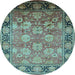 Round Machine Washable Oriental Light Blue Traditional Rug, wshurb533lblu