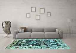Machine Washable Oriental Light Blue Traditional Rug in a Living Room, wshurb534lblu