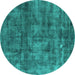 Round Machine Washable Oriental Turquoise Industrial Area Rugs, wshurb537turq