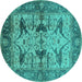 Round Machine Washable Oriental Turquoise Industrial Area Rugs, wshurb539turq