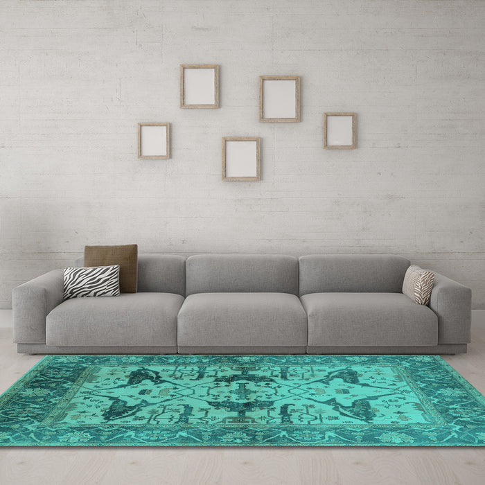 Machine Washable Oriental Turquoise Industrial Area Rugs in a Living Room,, wshurb539turq