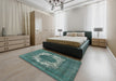 Mid-Century Modern Cadet Blue Green Oriental Rug in a Bedroom, urb541