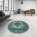 Round Mid-Century Modern Cadet Blue Green Oriental Rug in a Office, urb541