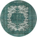 Round Mid-Century Modern Cadet Blue Green Oriental Rug, urb541