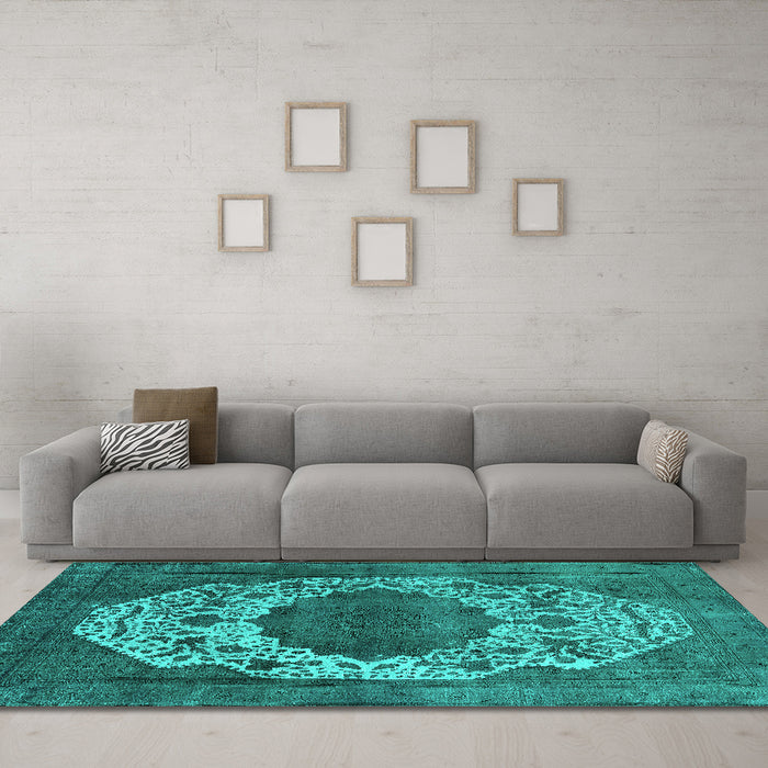 Machine Washable Oriental Turquoise Industrial Area Rugs in a Living Room,, wshurb545turq