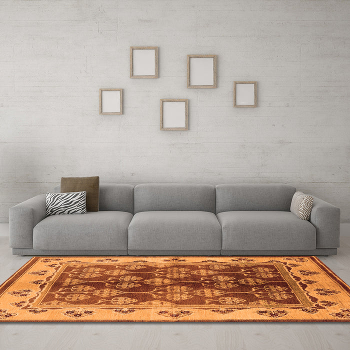 Machine Washable Oriental Orange Industrial Area Rugs in a Living Room, wshurb546org