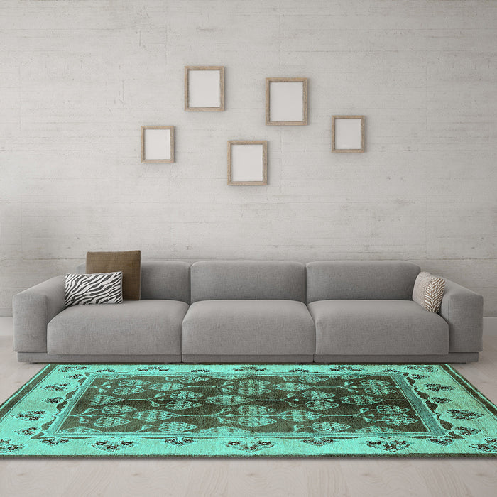 Machine Washable Oriental Turquoise Industrial Area Rugs in a Living Room,, wshurb546turq