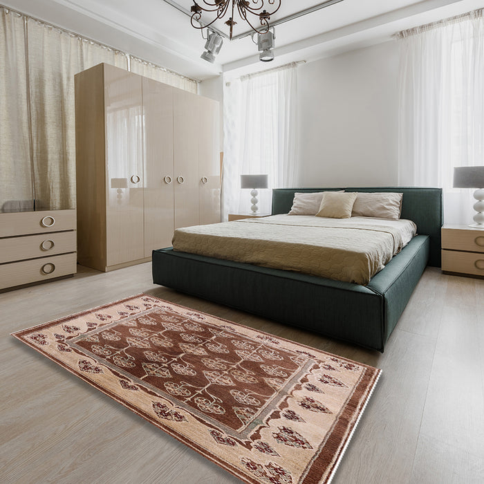 Machine Washable Industrial Modern Dark Sienna Brown Rug in a Bedroom, wshurb546