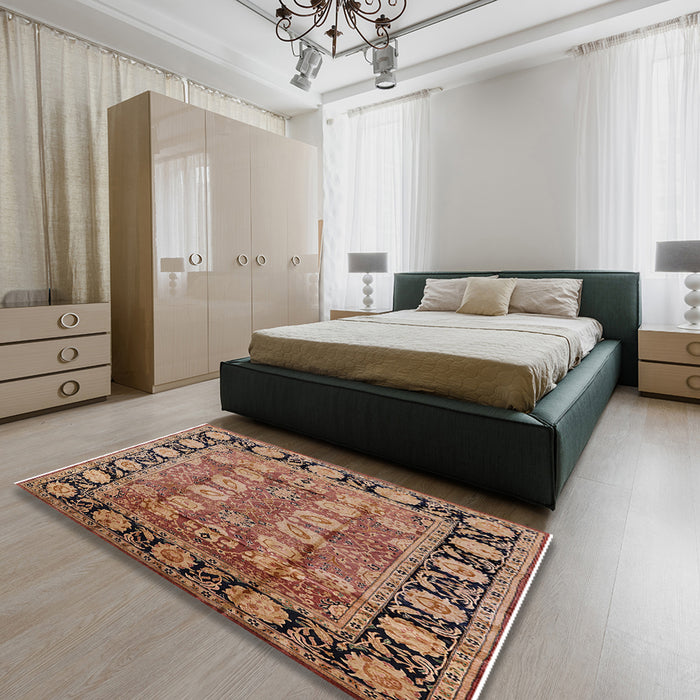 Mid-Century Modern Brown Sand Brown Oriental Rug in a Bedroom, urb547