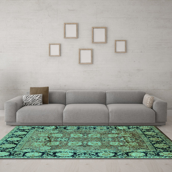 Machine Washable Oriental Turquoise Industrial Area Rugs in a Living Room,, wshurb547turq