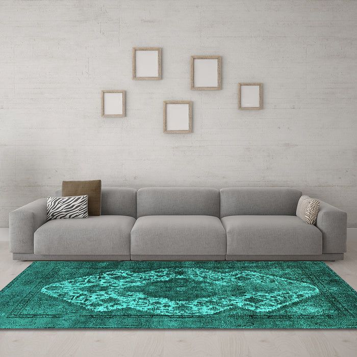 Machine Washable Oriental Turquoise Industrial Area Rugs in a Living Room,, wshurb552turq