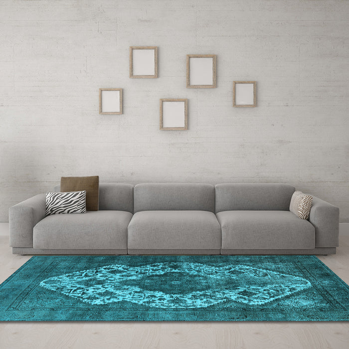 Machine Washable Oriental Light Blue Industrial Rug in a Living Room, wshurb552lblu