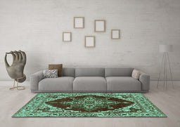 Machine Washable Oriental Turquoise Industrial Area Rugs in a Living Room,, wshurb555turq