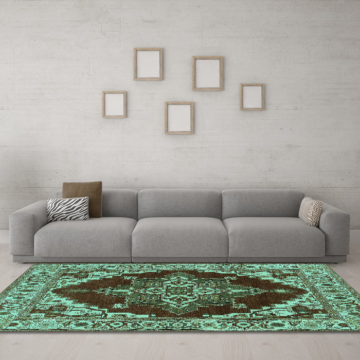 Machine Washable Oriental Turquoise Industrial Area Rugs in a Living Room,, wshurb555turq