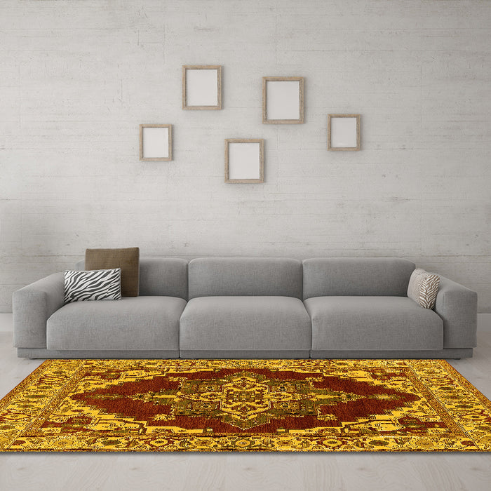 Machine Washable Oriental Yellow Industrial Rug in a Living Room, wshurb555yw