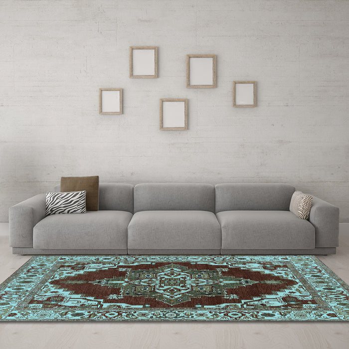 Machine Washable Oriental Light Blue Industrial Rug in a Living Room, wshurb555lblu