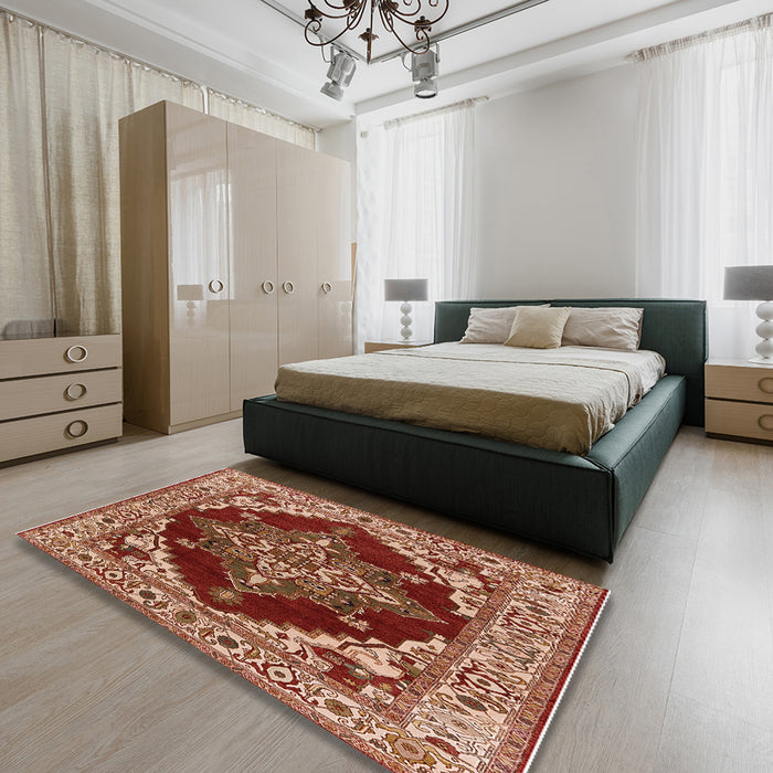 Mid-Century Modern Brown Sand Brown Oriental Rug in a Bedroom, urb555
