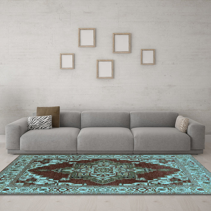 Machine Washable Oriental Light Blue Industrial Rug in a Living Room, wshurb556lblu