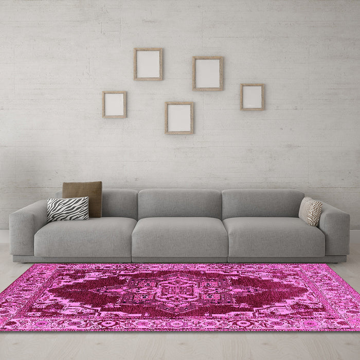 Machine Washable Oriental Pink Industrial Rug in a Living Room, wshurb556pnk