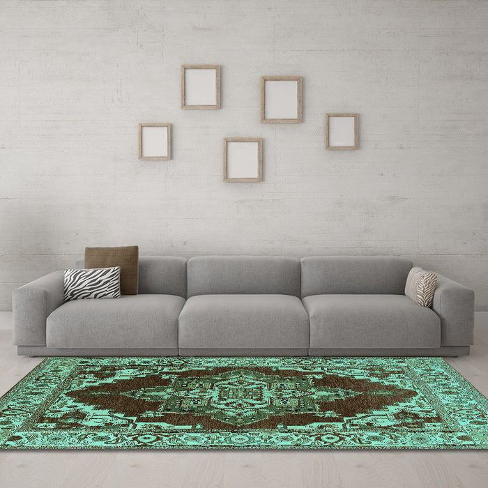 Machine Washable Oriental Turquoise Industrial Area Rugs in a Living Room,, wshurb556turq