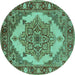 Round Machine Washable Oriental Turquoise Industrial Area Rugs, wshurb557turq