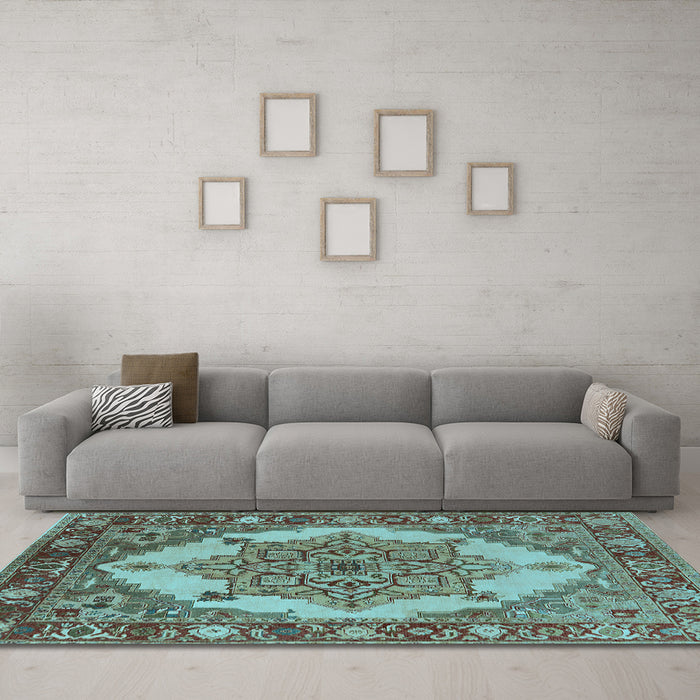 Machine Washable Oriental Light Blue Industrial Rug in a Living Room, wshurb557lblu