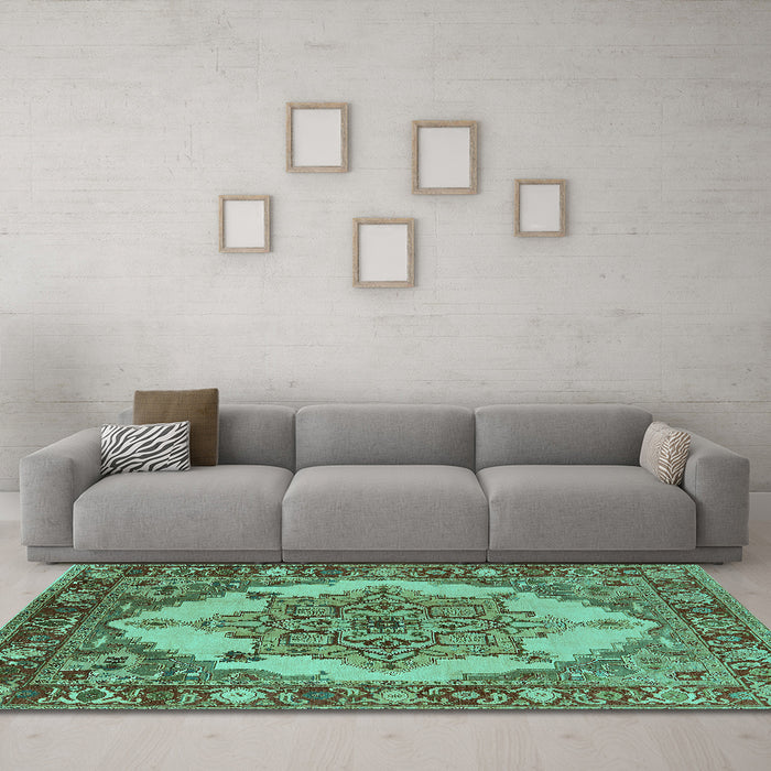 Machine Washable Oriental Turquoise Industrial Area Rugs in a Living Room,, wshurb557turq