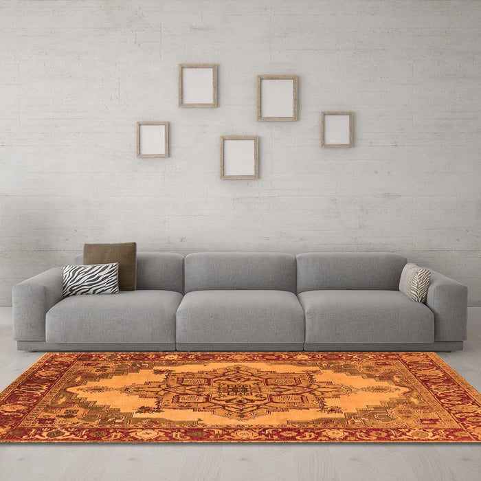 Machine Washable Oriental Orange Industrial Area Rugs in a Living Room, wshurb557org
