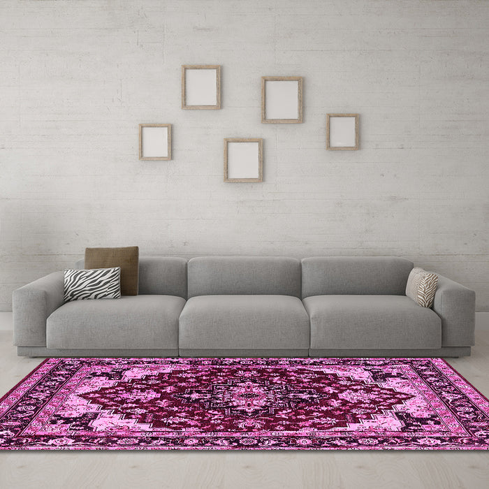 Machine Washable Oriental Pink Industrial Rug in a Living Room, wshurb558pnk