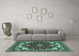 Machine Washable Oriental Turquoise Industrial Area Rugs in a Living Room,, wshurb558turq
