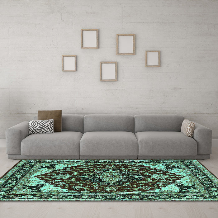 Machine Washable Oriental Turquoise Industrial Area Rugs in a Living Room,, wshurb558turq