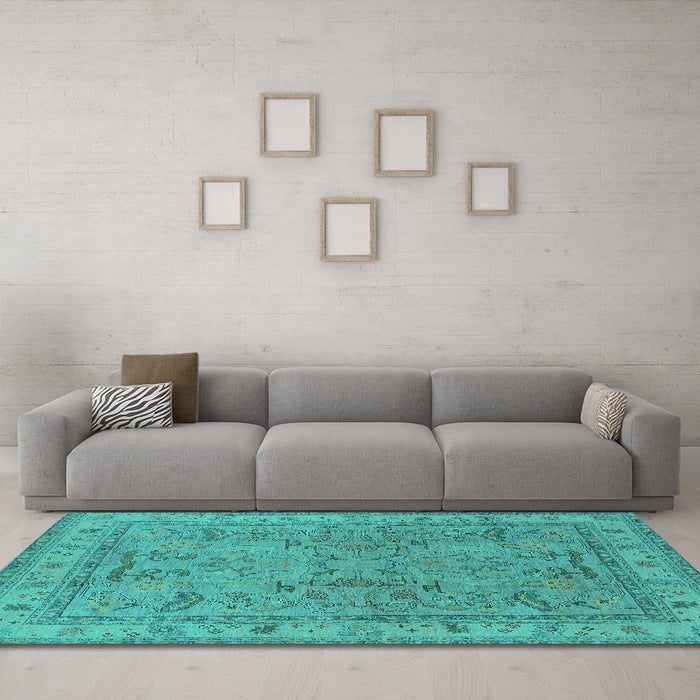 Machine Washable Oriental Turquoise Industrial Area Rugs in a Living Room,, wshurb559turq