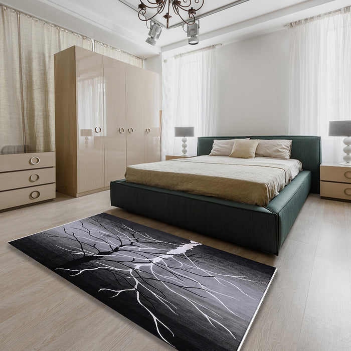 Mid-Century Modern Charcoal Black Oriental Rug in a Bedroom, urb564