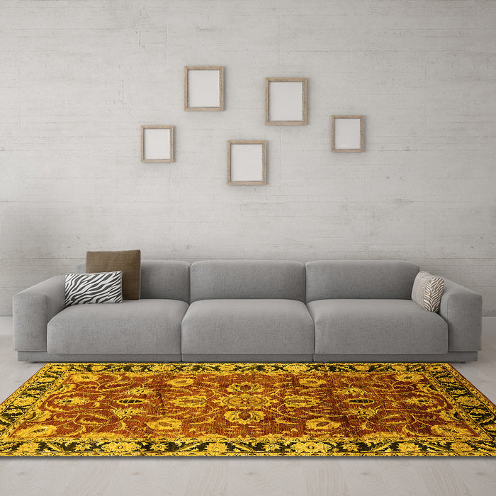 Machine Washable Oriental Yellow Industrial Rug in a Living Room, wshurb565yw