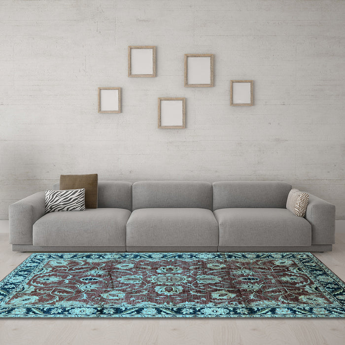 Machine Washable Oriental Light Blue Industrial Rug in a Living Room, wshurb565lblu