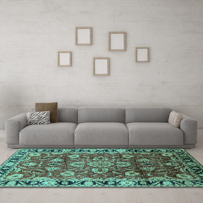 Machine Washable Oriental Turquoise Industrial Area Rugs in a Living Room,, wshurb565turq