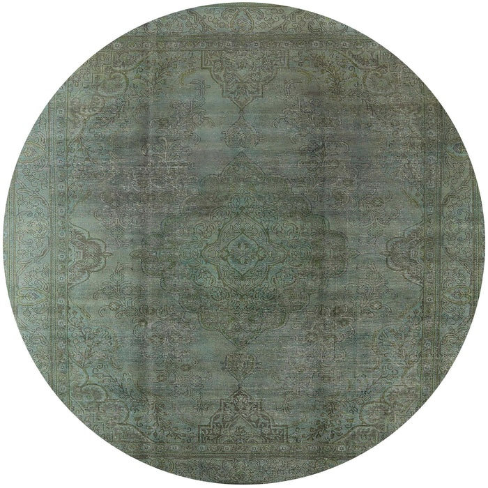 Round Mid-Century Modern Dark Olive Green Oriental Rug, urb566