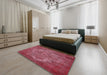 Mid-Century Modern Crimson Red Oriental Rug in a Bedroom, urb571