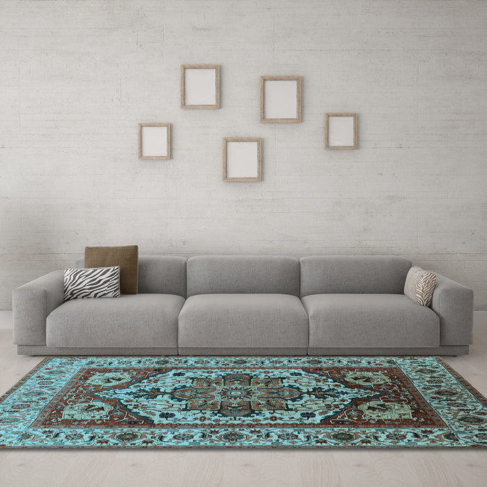 Machine Washable Oriental Light Blue Industrial Rug in a Living Room, wshurb572lblu