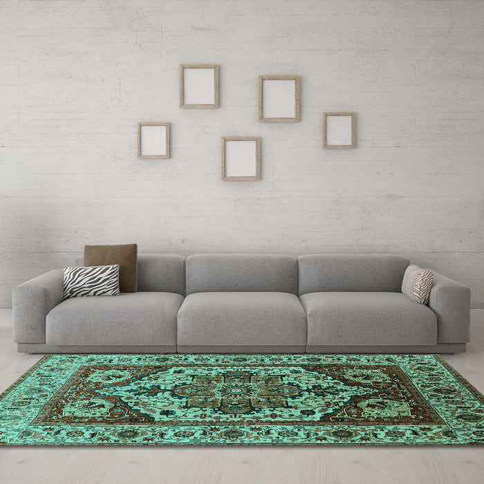 Machine Washable Oriental Turquoise Industrial Area Rugs in a Living Room,, wshurb572turq