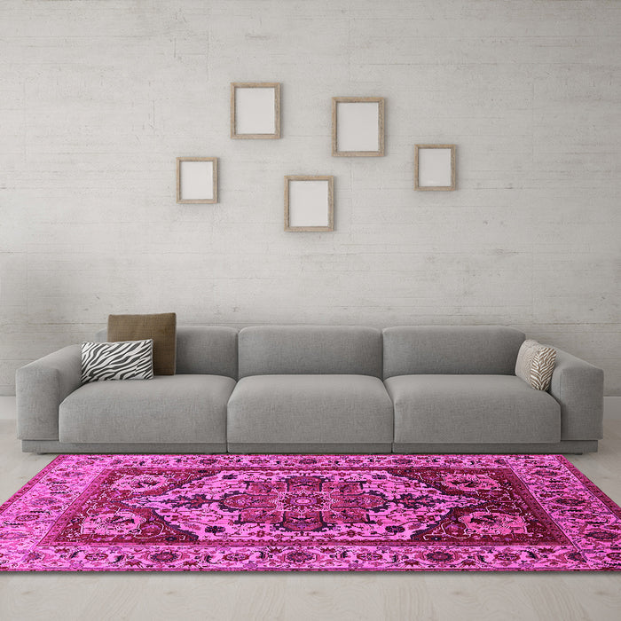Machine Washable Oriental Pink Industrial Rug in a Living Room, wshurb572pnk