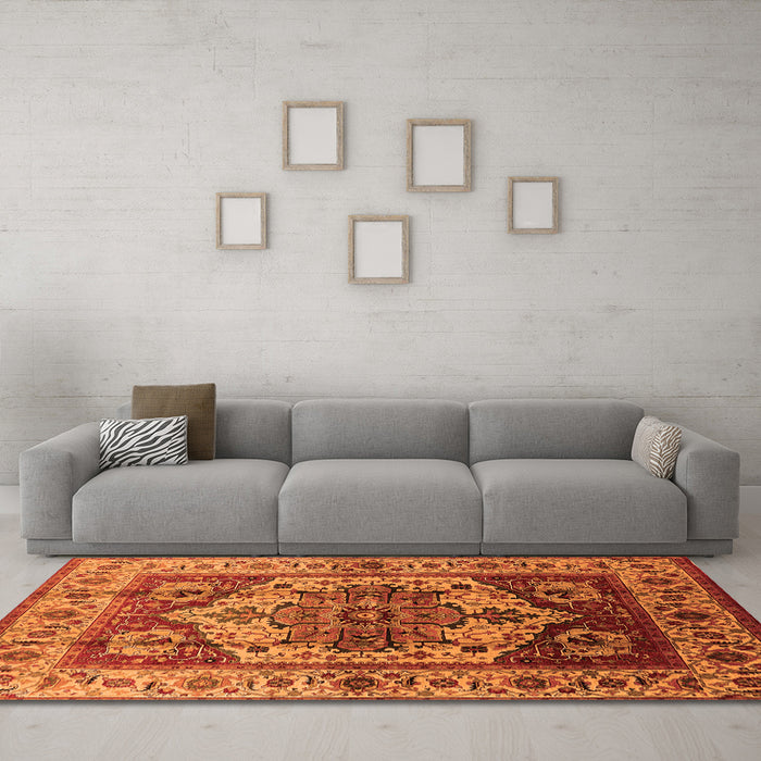 Machine Washable Oriental Orange Industrial Area Rugs in a Living Room, wshurb573org