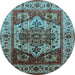 Round Machine Washable Oriental Light Blue Industrial Rug, wshurb573lblu