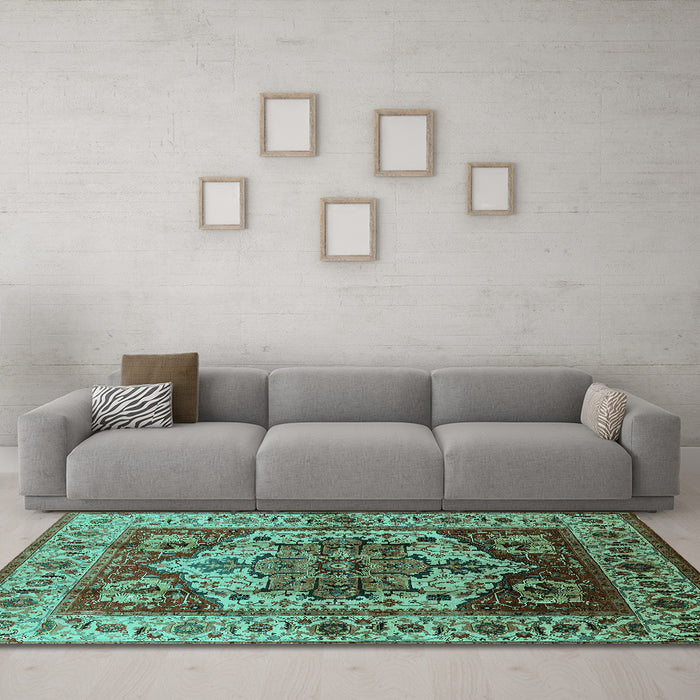 Machine Washable Oriental Turquoise Industrial Area Rugs in a Living Room,, wshurb573turq
