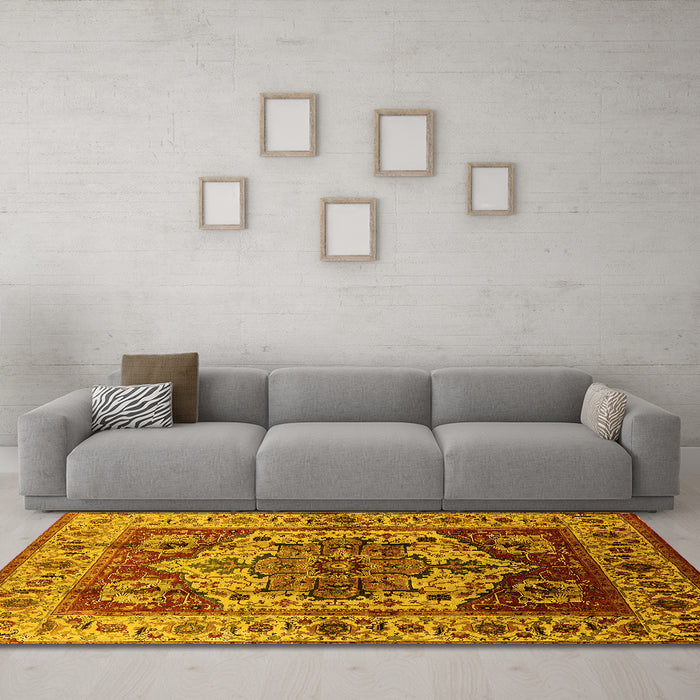 Machine Washable Oriental Yellow Industrial Rug in a Living Room, wshurb573yw